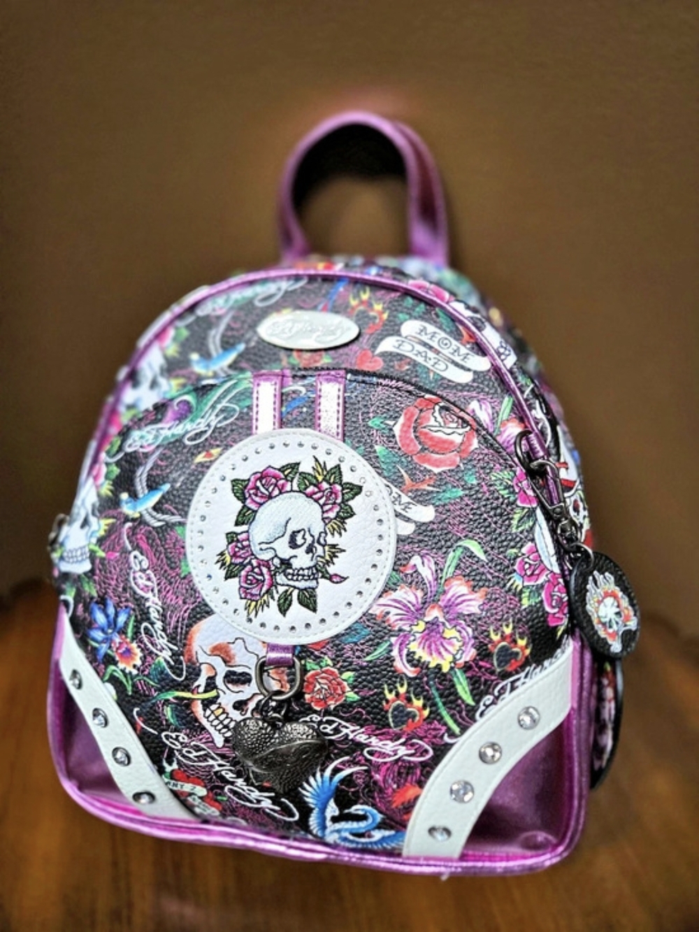 Ed Hardy Rhinestone Gothic Shiny Skull Roses Floral Charms Mini Backpack Skull